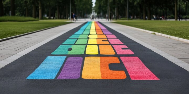 Vibrant rainbow chalk art on walkway inspiring positivity and creativity