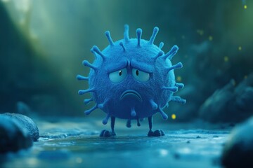 Cartoon representation of a sad blue virus in a surreal environment surrounded by soft lighting and greenery