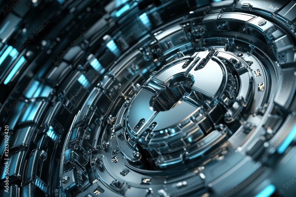 Poster detailed close-up of a futuristic metallic structure with glowing blue highlights, showcasing intric