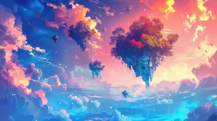 Surreal Abstract Illustration of Floating Islands in Cosmic Sky