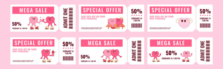 Colorful special offer and mega sale coupon set. Cute heart character in retro groovy style. Offer details, barcode and other information. Horizontal vector illustration