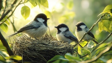 Obraz premium Birds Nest Family Tree Sunlight Spring.