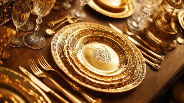 Golden tableware setting, opulent dining, wooden table, luxury event