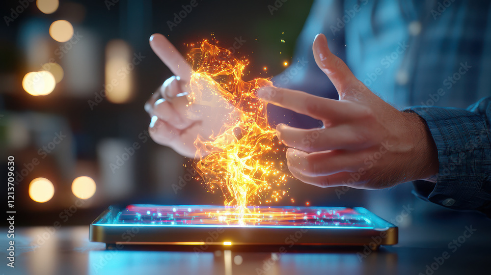 Poster hands manipulating glowing energy above tablet, creating vibrant sparks and light. scene conveys sen