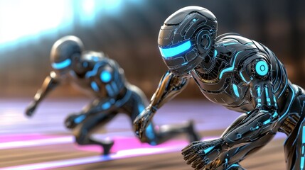 Futuristic Robots poised at the starting line, ready for a high-tech race. Sleek metallic bodies with vibrant blue glowing accents