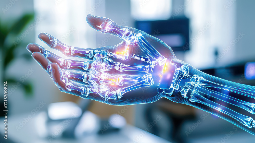 Fototapete futuristic robotic hand with glowing joints and intricate design, showcasing advanced technology in 