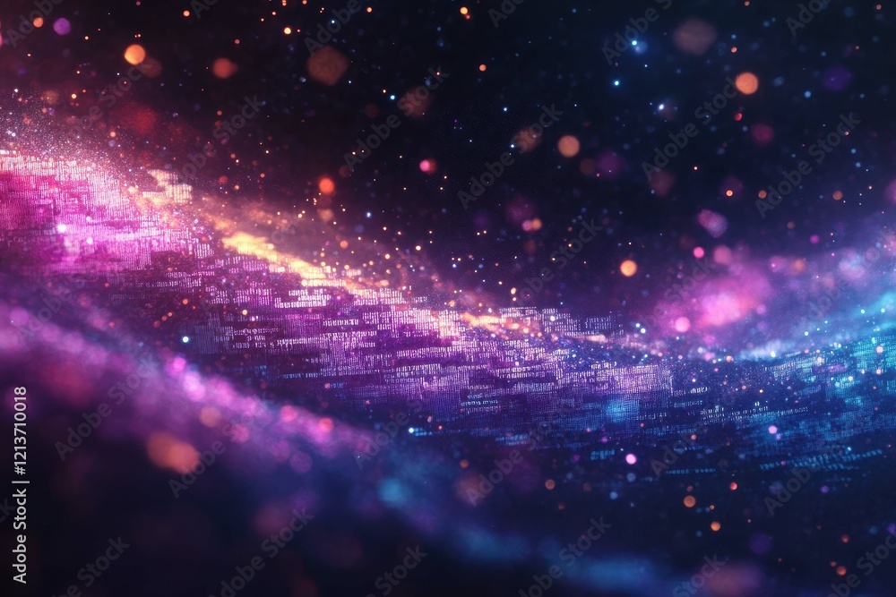 Poster vibrant particles merge in a cosmic landscape showcasing digital colors and patterns in an abstract 