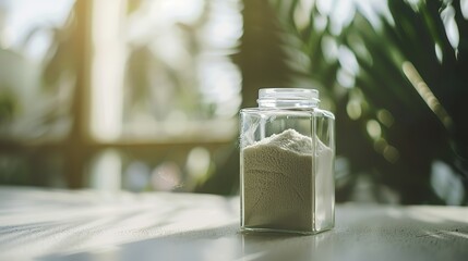 Small glass jar filled with fine white bone powder on a clean minimalist table, showcasing texture and simplicity. Minimalist and scientific concepts
