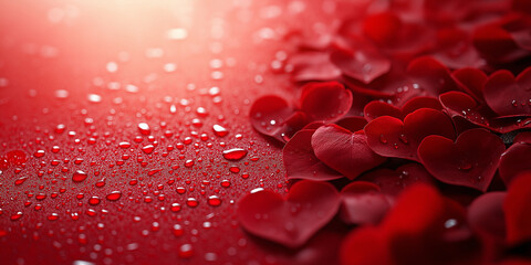 Romantic petals and raindrops enchanting setting close-up photography vibrant red background dreamy atmosphere love concept