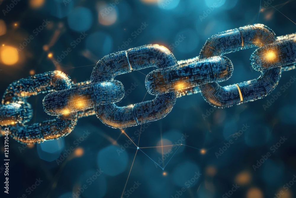 Poster digital representation of interconnected chains illustrating blockchain technology