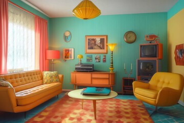 Brightly colored retro living room with mid-century furniture and vibrant decor in a cozy setting