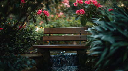 Obraz premium Serene wooden bench near a tranquil stream surrounded by vibrant flowers in a peaceful garden