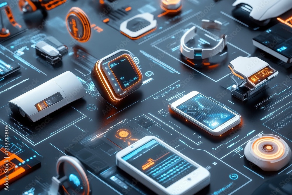 Poster modern technology devices and gadgets arranged on a dark surface showcasing digital interfaces in a 