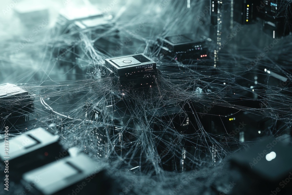 Poster intricate network of connected devices illuminated by soft light in a dark environment showcasing mo