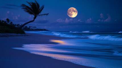 March Full Moon, the full moon shines in the dark night sky, highlighting a deserted beach with gently rolling waves, Ai generated images