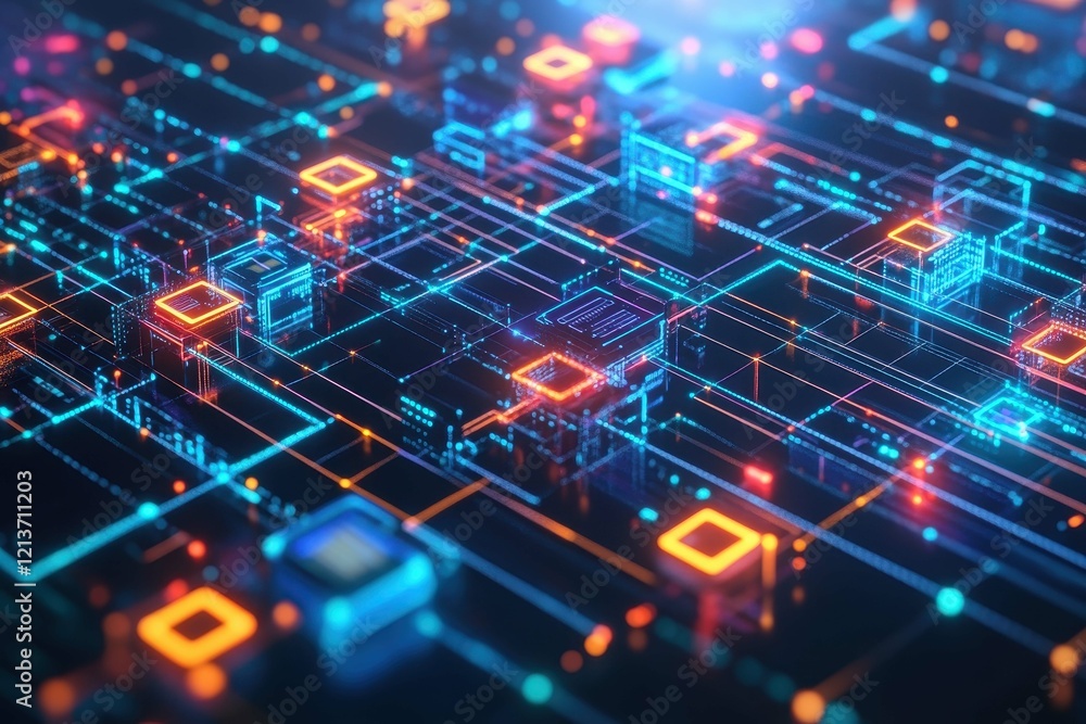 Poster brightly colored circuit board with glowing connections and data pathways