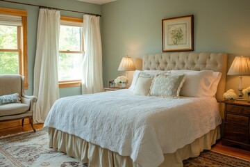 Calm bedroom interior design, sunny window, tranquil view, home decor, real estate
