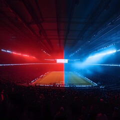 Striking Contrast of Red and Blue Lights Illuminating a Sports Stadium