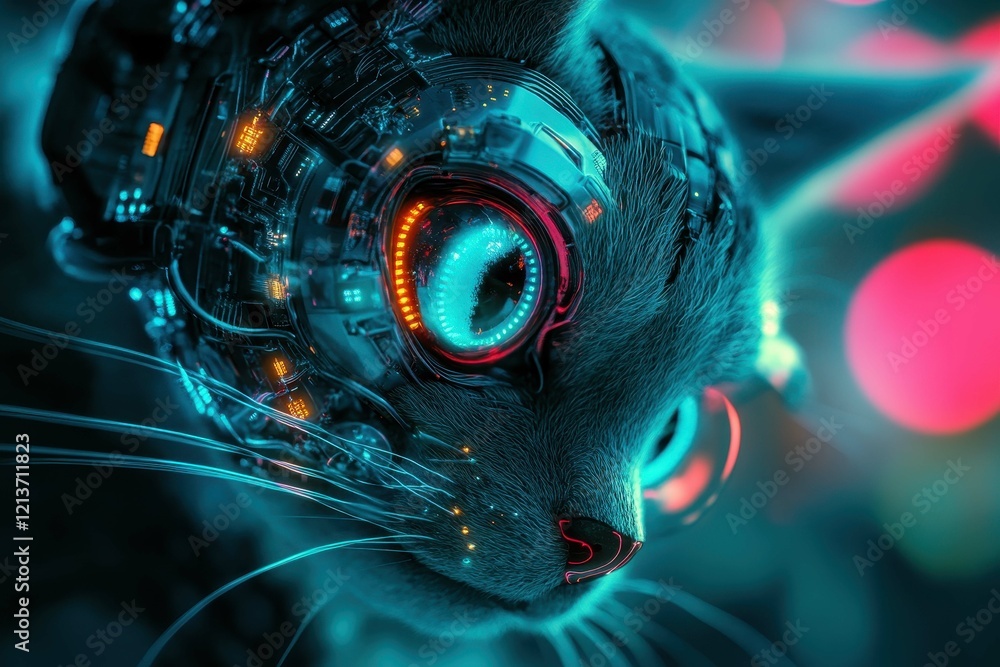 Poster futuristic robotic cat with glowing features and intricate circuitry design in a neon-lit environmen