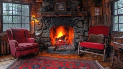 A cozy, stone-wall fireplace with a roaring fire, decorated for a festive occasion.
