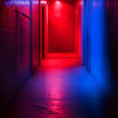 Fototapeta premium Striking Contrast of Red and Blue Lights in a Captivating Hallway Design