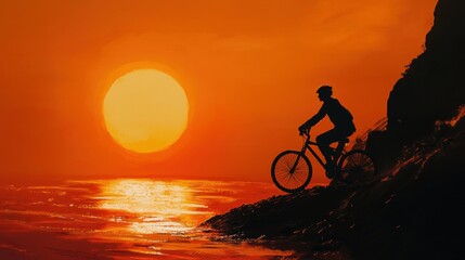 Fototapeta premium A cyclist silhouetted against a vibrant sunset over the ocean.