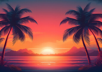 Tropical sunset gradient background with palm trees