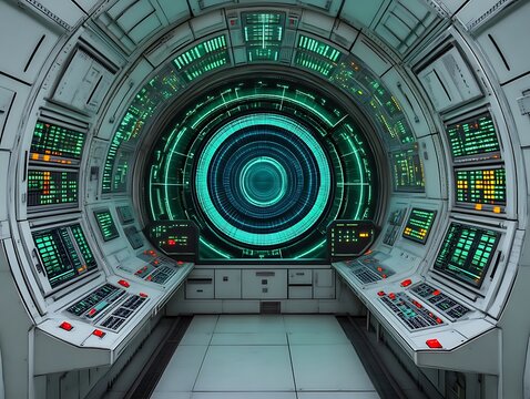 Futuristic spaceship bridge interior with glowing control panels and circular display.