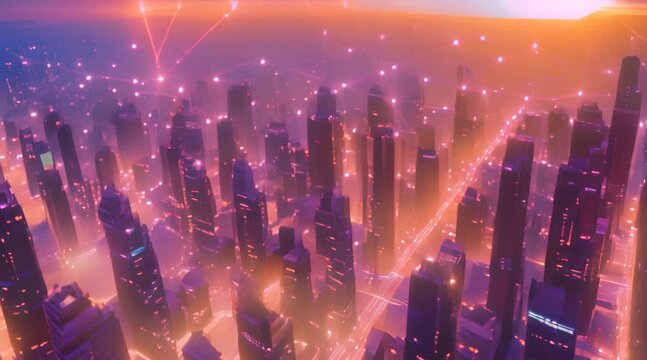 City at sunset with a network grid overlay, glowing orange and pink sky, tall skyscrapers casting long shadows