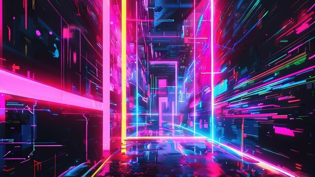 Neon city corridor, vibrant lights, futuristic landscape, digital art, sci-fi background