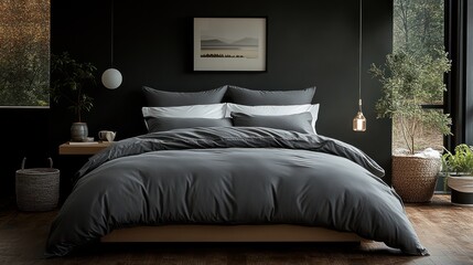 A tranquil, minimalist bedroom with a sleek platform bed framed by soft organic cotton linens in muted gray and white hues