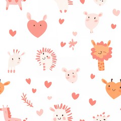 Obraz premium Cute Animal Illustrations with Hearts and Simple Shapes Background