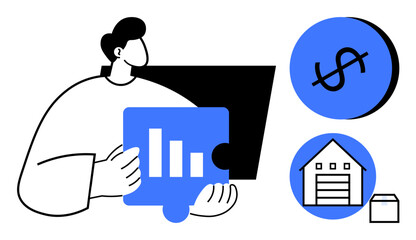 Person holding puzzle piece with bar chart, large screen, financial growth sign, storage depot, and document icon. Ideal for business growth, financial planning, real estate, data analysis strategic