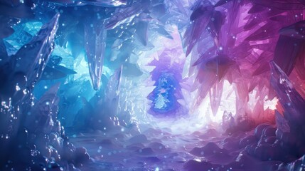 Enchanting Ice Cavern with Magical Colorful Crystals and Light Effects