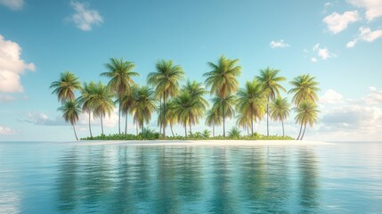 Fototapeta premium Small tropical island with palm trees surrounded by calm ocean water