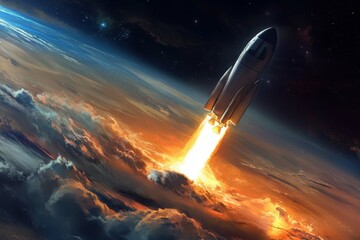 Fototapeta premium Rocket launches through vibrant clouds into the depths of space with stunning flames and illumination at dawn