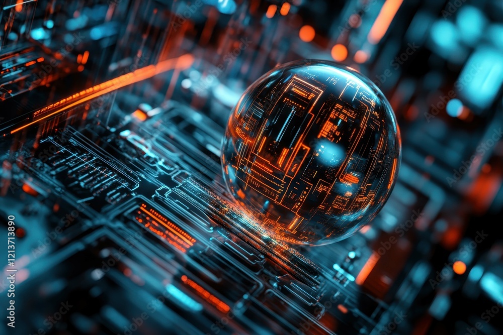 Poster futuristic digital landscape with glowing circuitry and a spherical element in a high-tech environme