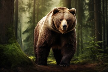 Obraz premium Majestic brown bear standing in a lush green forest clearing