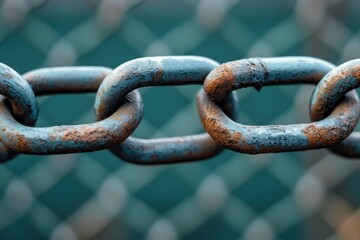 Fototapeta premium Rusted chain links against a blurred green background in an outdoor setting showcasing weathered metal texture