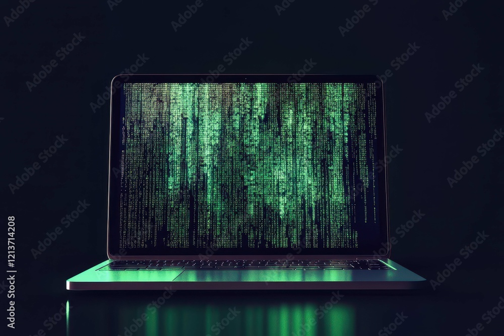 Poster computer screen displaying green digital code against a dark background at a tech workspace