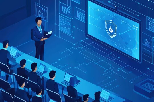 Professional presentation on cybersecurity practices and technology at a business conference