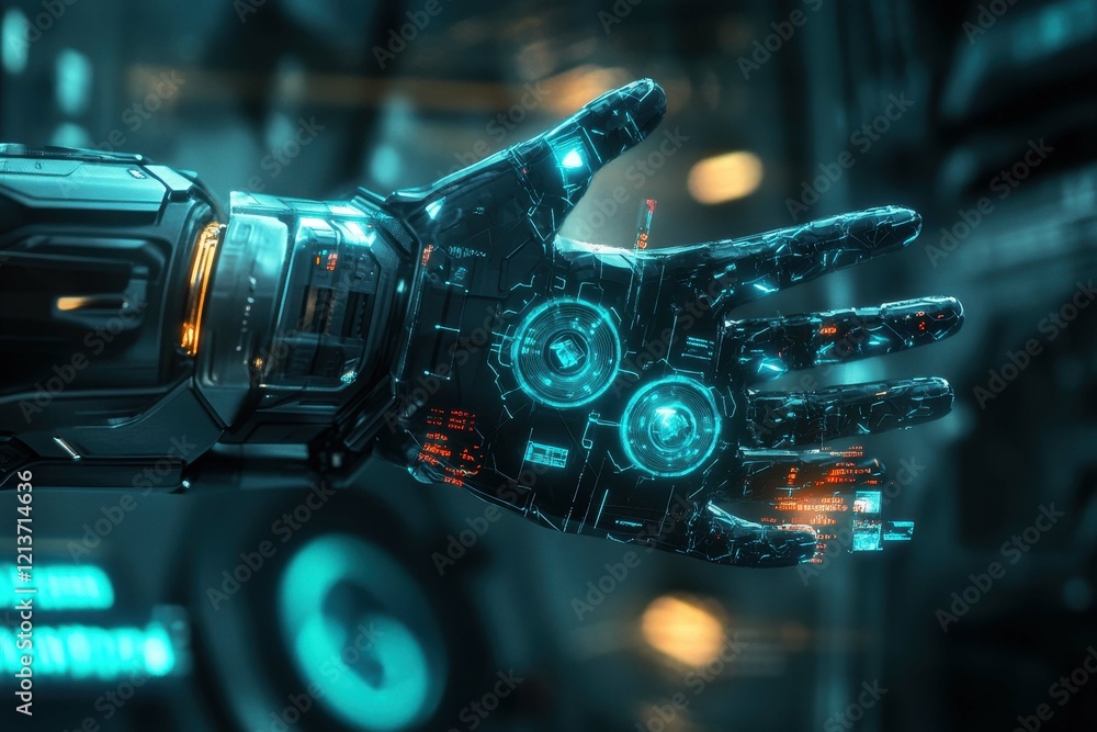 Poster sleek robotic hand showcasing advanced technology with glowing interfaces in a high-tech environment