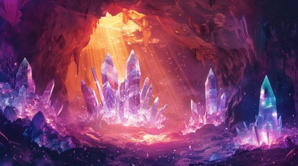 Mystical Cave with Crystals and Ethereal Light Illustrations