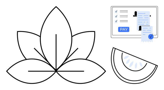 Lotus leaves, digital payment screen confirming transaction with checklist, invoice with check mark, and slice of fruit. Ideal for fintech, e-commerce, nature synergy, wellness business, digital