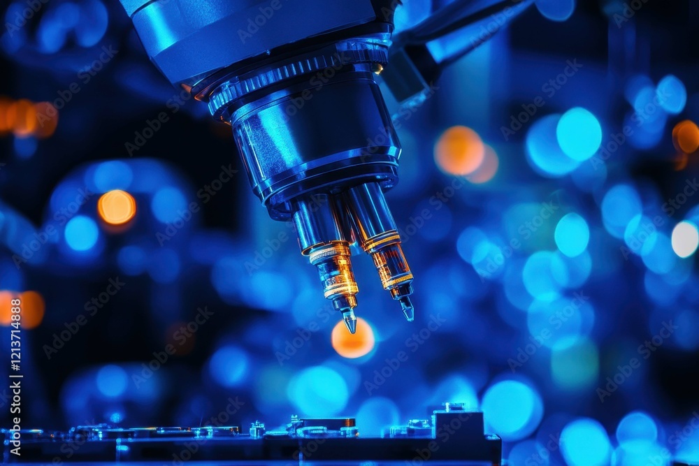 Poster close-up view of a microscope examining a circuit board in a laboratory with blue lighting