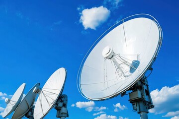 Satellite dishes positioned against a bright blue sky with scattered clouds