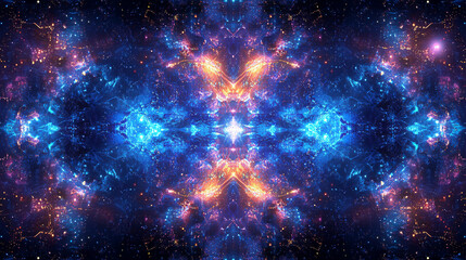 Obraz premium Symmetrical cosmic nebula with vibrant blue, orange, and purple