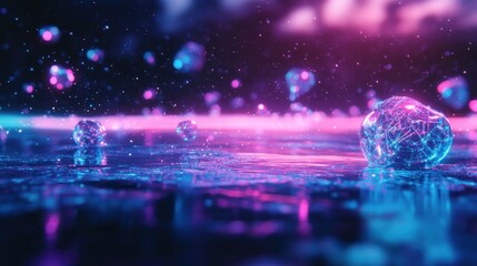 Neon spheres floating on cosmic liquid, digital art
