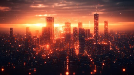 Fototapeta premium A vibrant cityscape illuminated with glowing lights representing data flow and connectivity.
