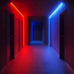 Vibrant Corridor Luminous Interplay of Red and Blue Lights